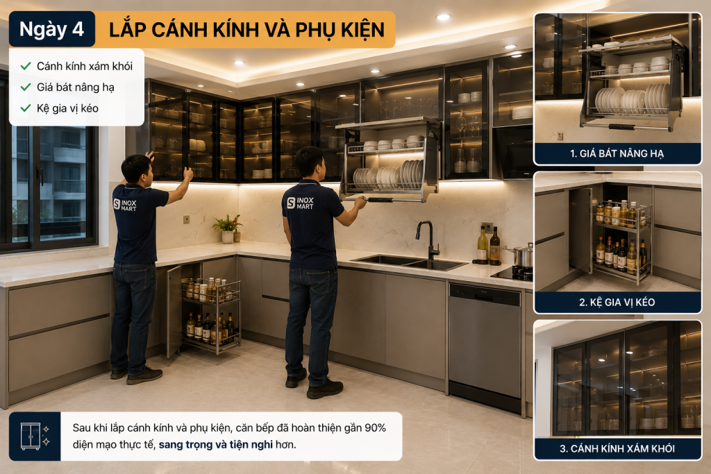 Lắp đặt cánh kính và phụ kiện thông minh cho tủ bếp