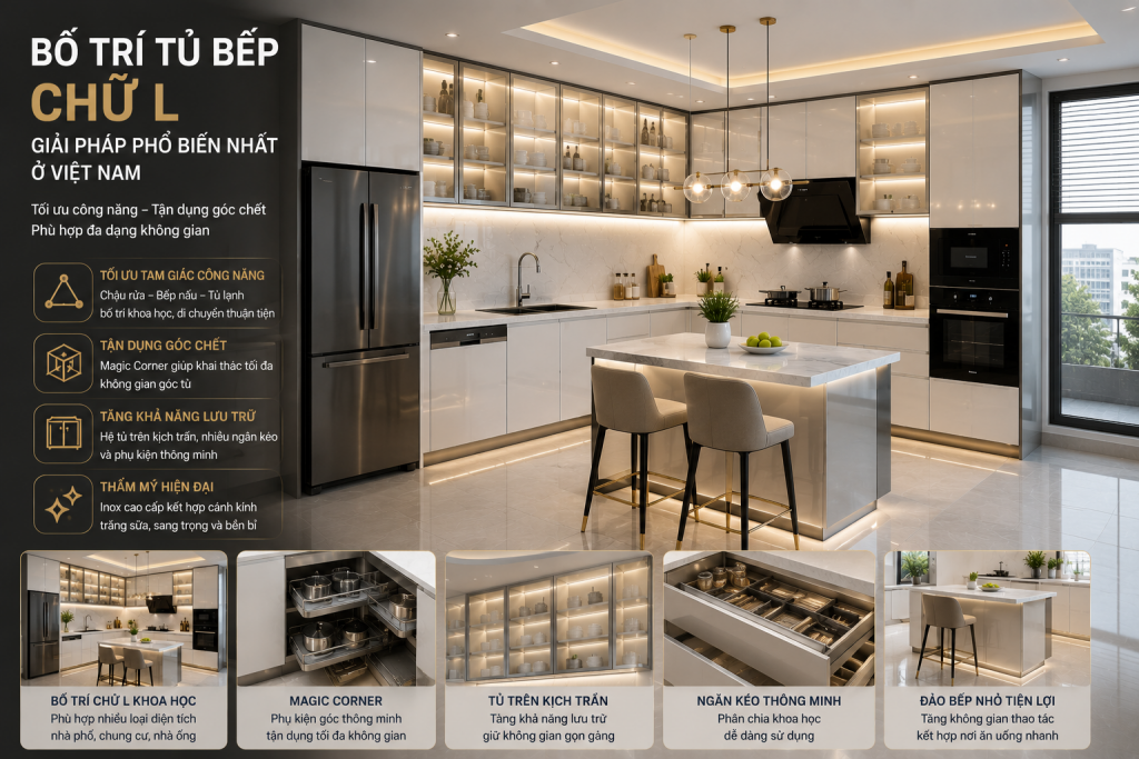 Bố trí tủ bếp chữ l inox cánh kính hiện đại