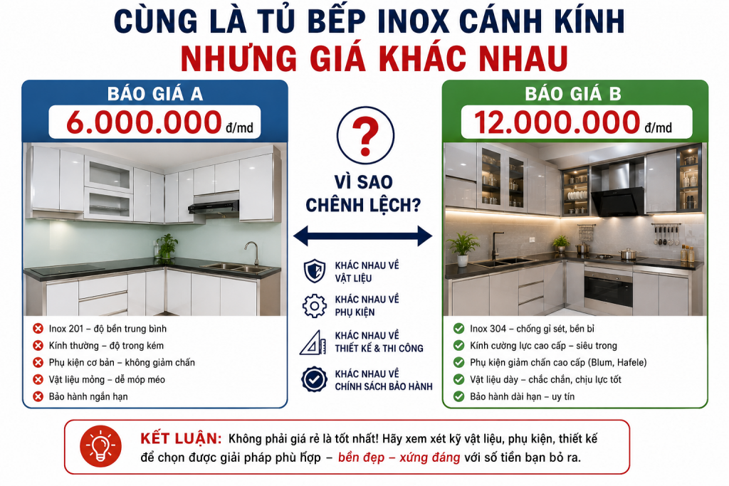Sự chênh lệch giá tủ bếp inox cánh kính giữa các đơn vị thi công