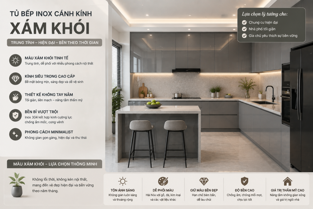 Màu tủ bếp inox cánh kính xám khói hiện đại và bền đẹp