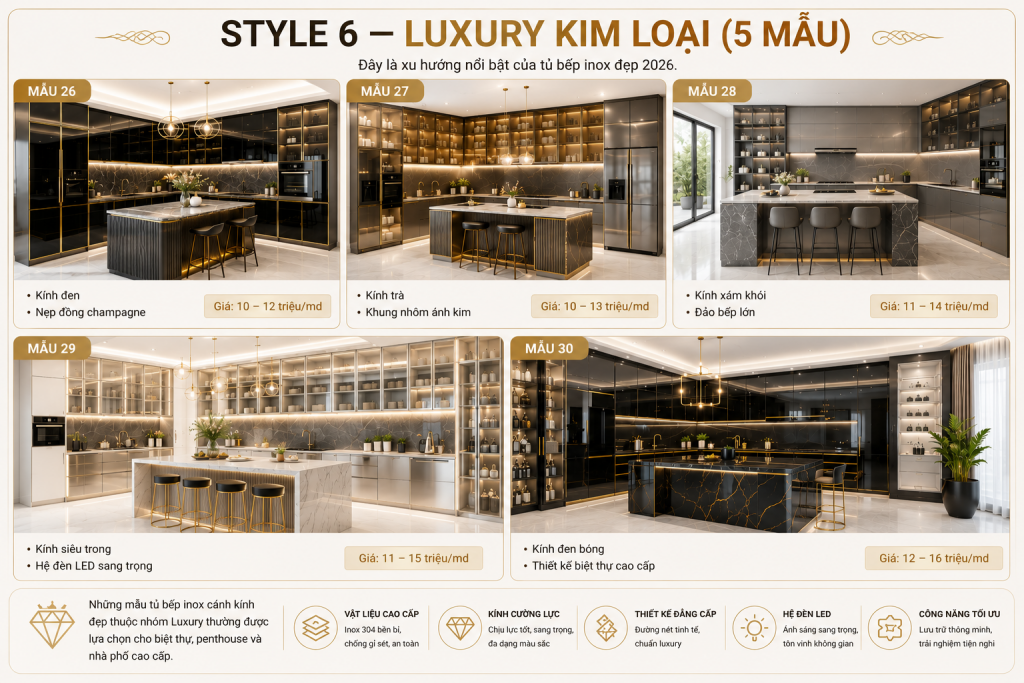 Mẫu tủ bếp inox cánh kính đẹp phong cách Luxury kim loại cao cấp năm 2026