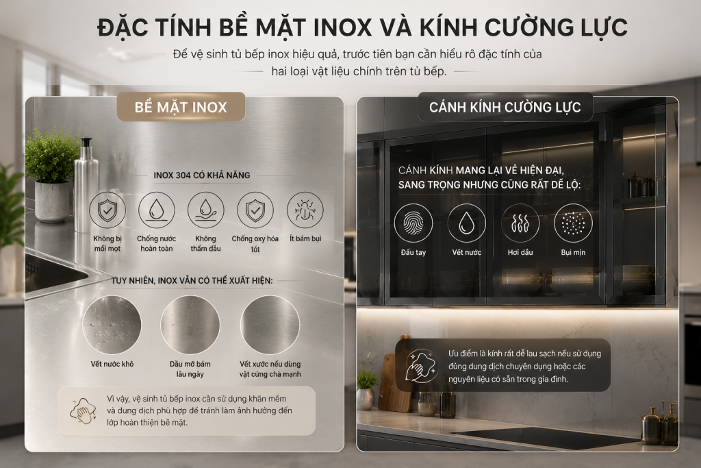 Đặc tính inox 304 và cánh kính cường lực của tủ bếp