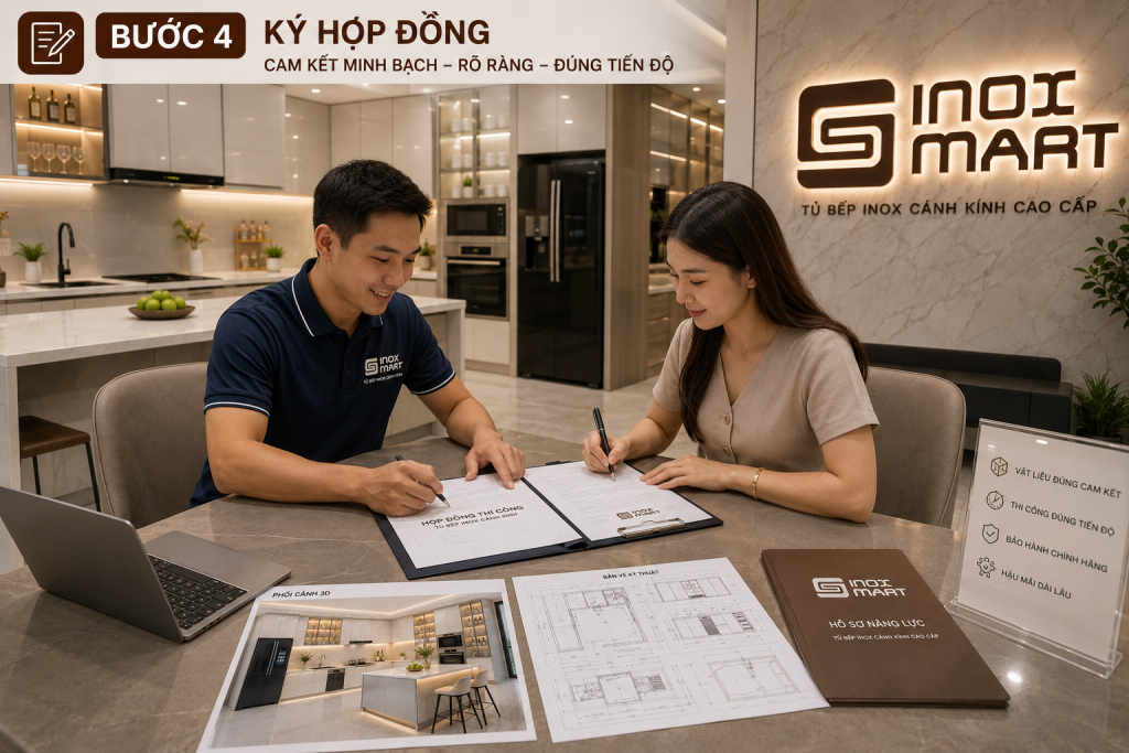Ký hợp đồng thi công tủ bếp inox cánh kính