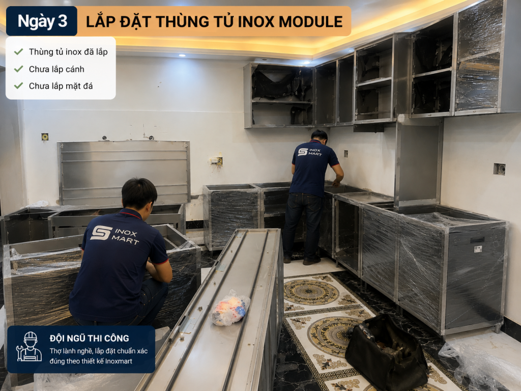 Lắp đặt khung inox module trong quá trình cải tạo tủ bếp