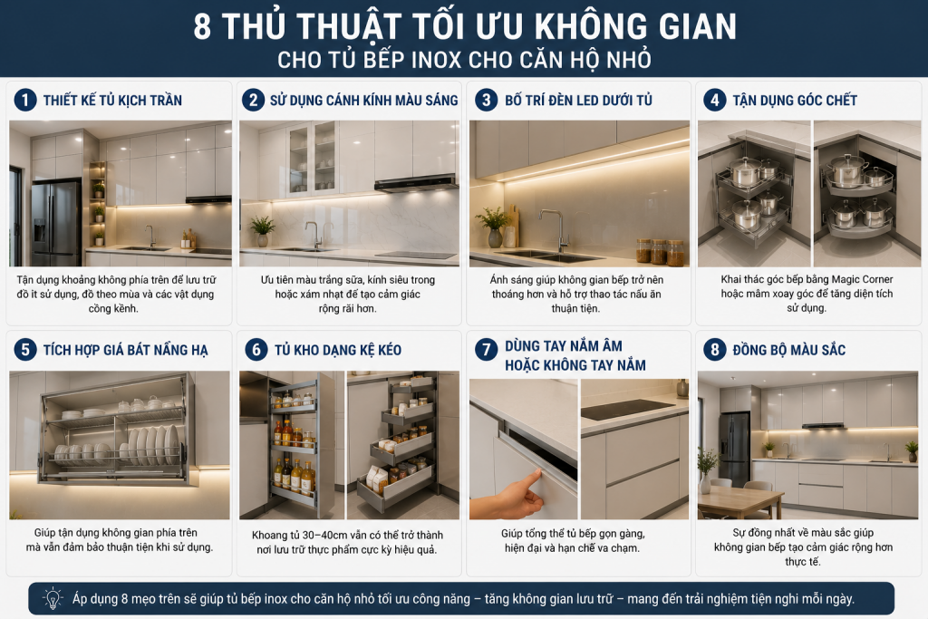 8 thủ thuật tối ưu không gian cho tủ bếp inox cho căn hộ nhỏ