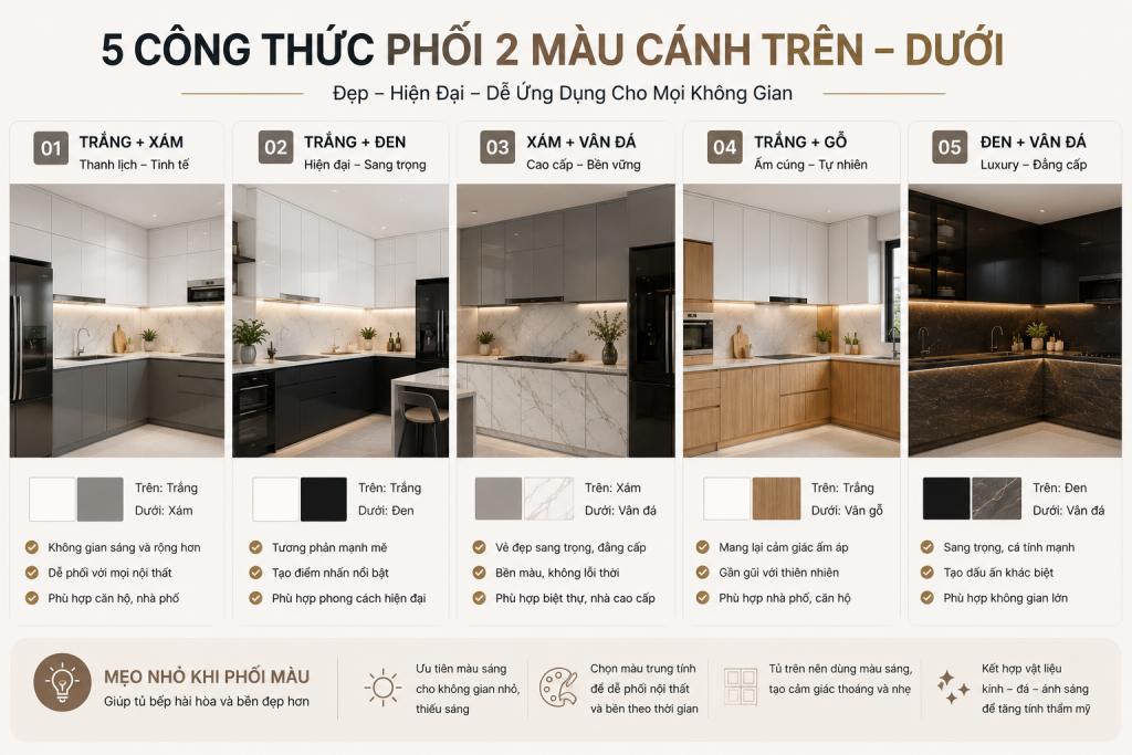 Các công thức phối màu tủ bếp inox cánh kính đẹp và an toàn