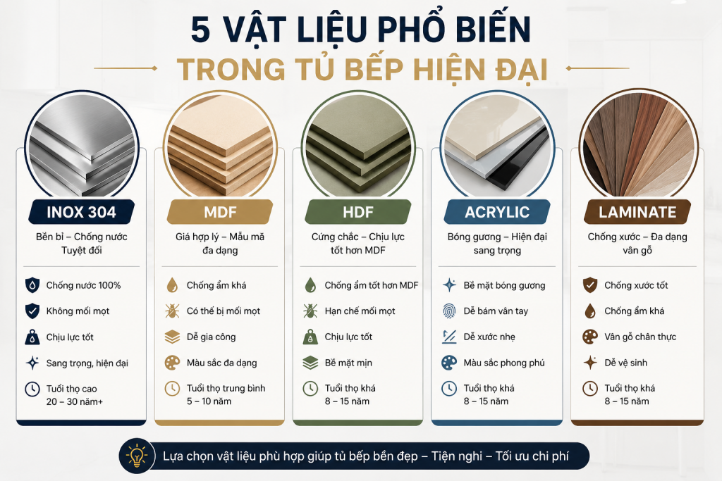 5 vật liệu phổ biến trong tủ bếp inox và gỗ công nghiệp