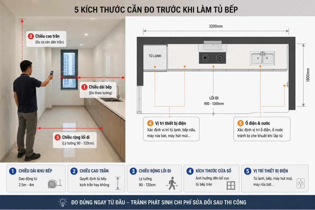 Đo đạc kích thước trước khi làm tủ bếp inox cho căn hộ nhỏ