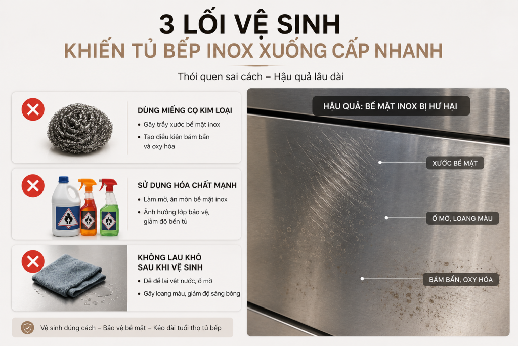 Những lỗi thường gặp khi vệ sinh tủ bếp inox