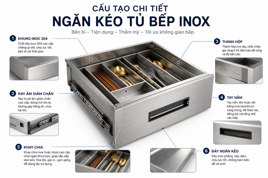 Cấu tạo chi tiết của ngăn kéo tủ bếp inox