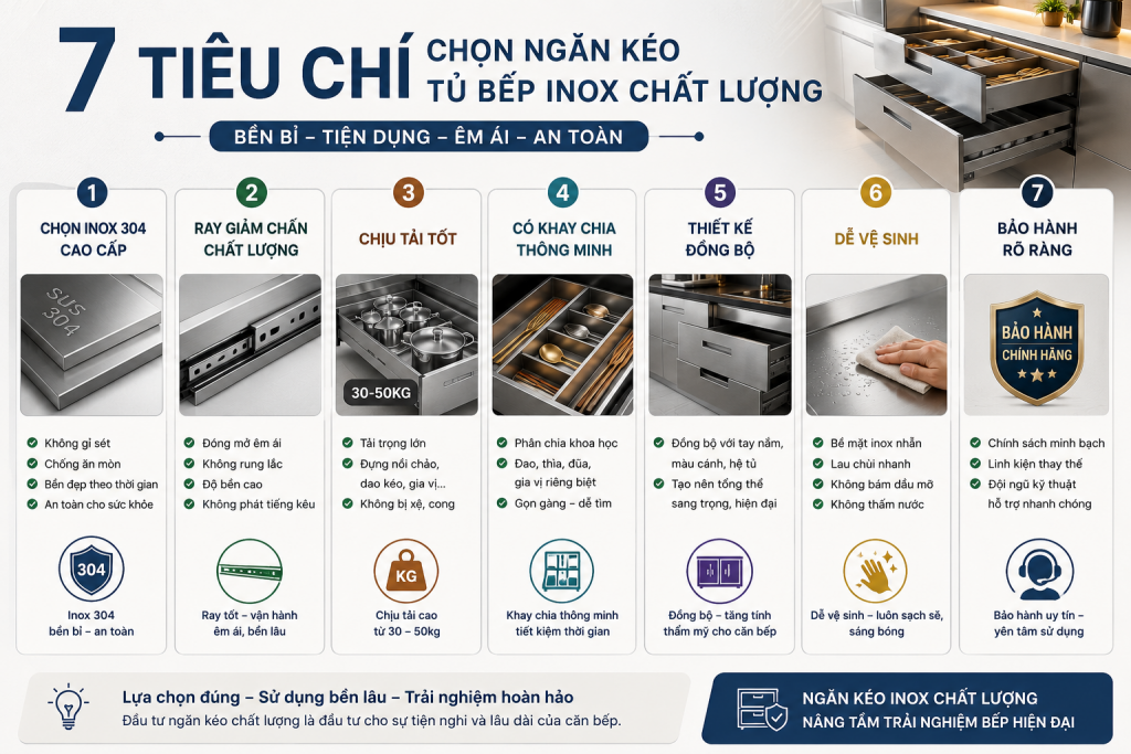 Tiêu chí lựa chọn ngăn kéo tủ bếp inox chất lượng