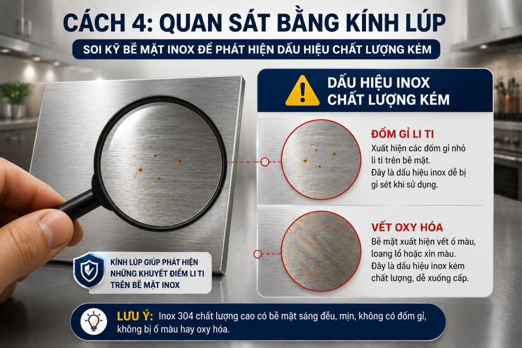 Kiểm tra bề mặt inox bằng kính lúp để phát hiện dấu hiệu gỉ sét