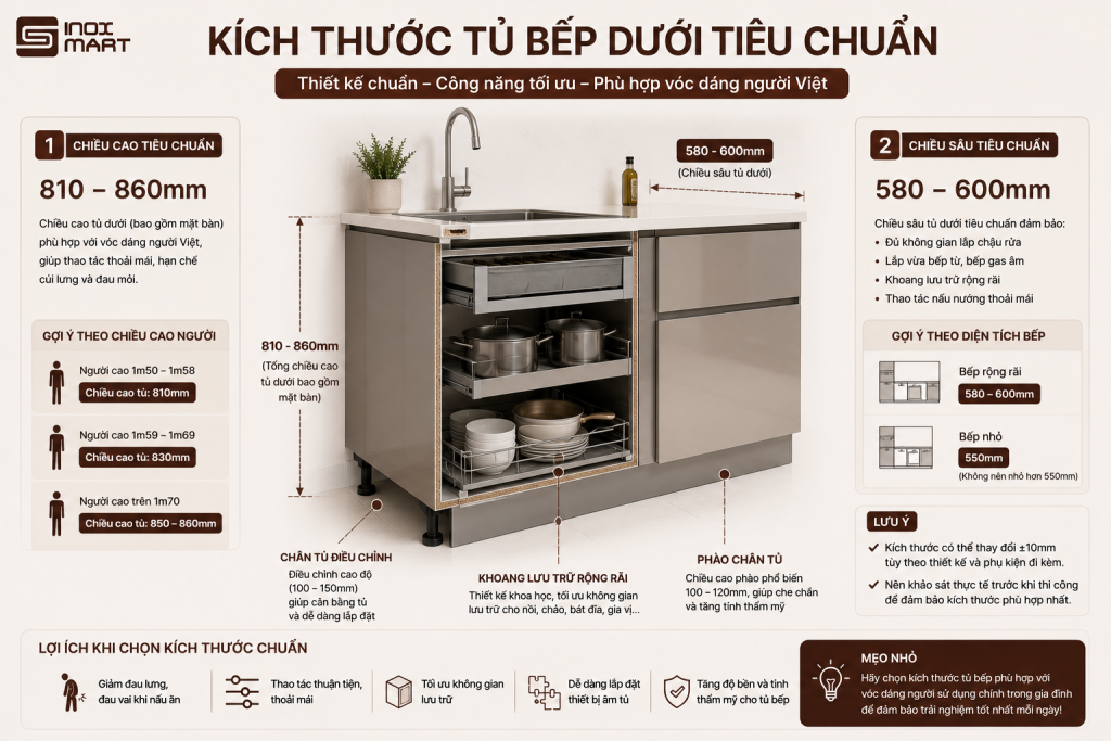 Kích thước tiêu chuẩn tủ bếp dưới