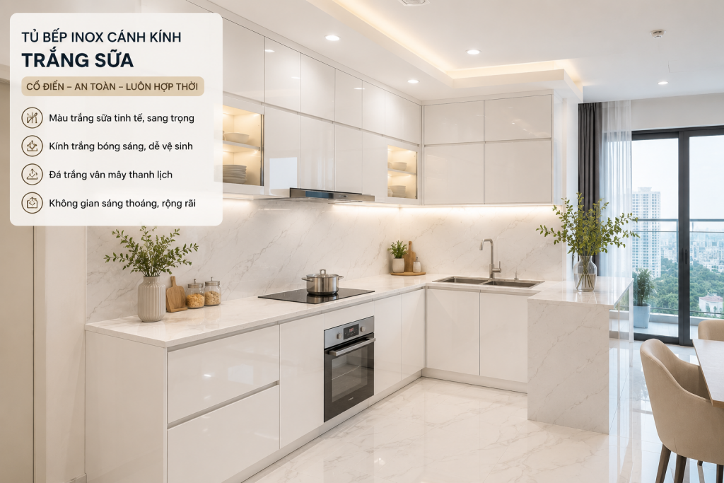 Màu tủ bếp inox cánh kính trắng sữa cho căn hộ hiện đại