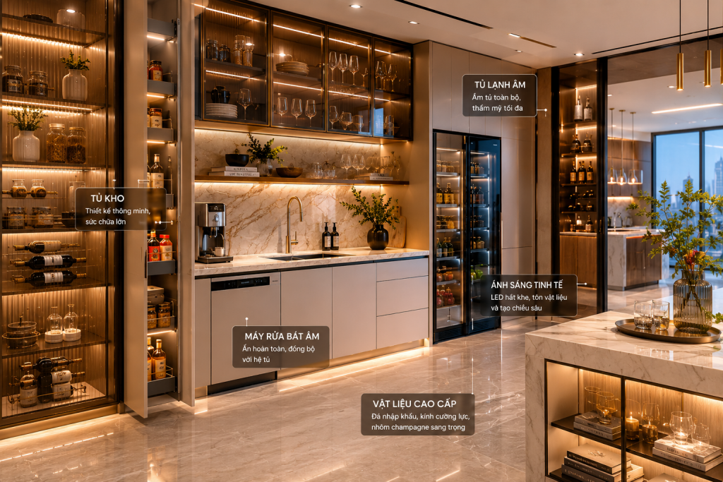 Khu pantry trong thiết kế tủ bếp penthouse cao cấp
