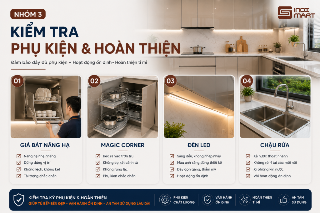 Kiểm tra phụ kiện và thiết bị tủ bếp inox