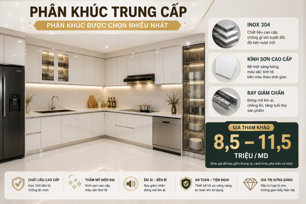 Giá tủ bếp inox 304 cánh kính phân khúc trung cấp