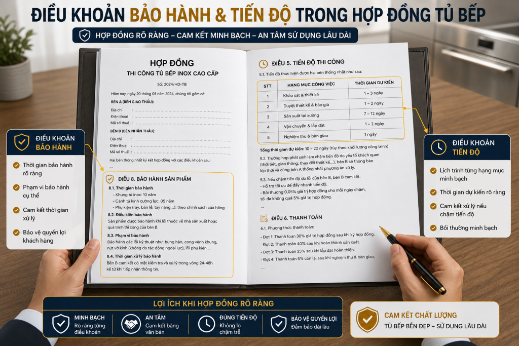 Điều khoản bảo hành và tiến độ trong hợp đồng tủ bếp