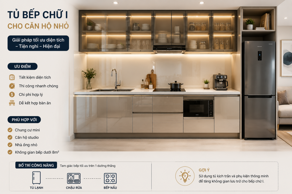 Mẫu tủ bếp inox cánh kính chữ i cho chung cư nhỏ