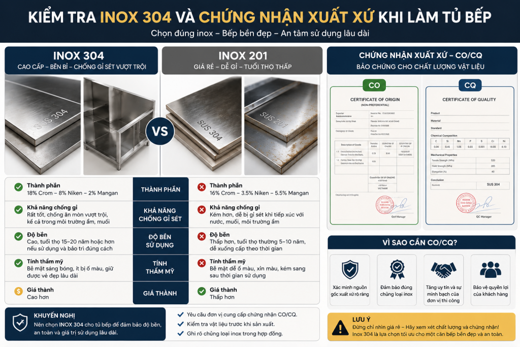 Kiểm tra inox 304 và chứng nhận xuất xứ khi làm tủ bếp