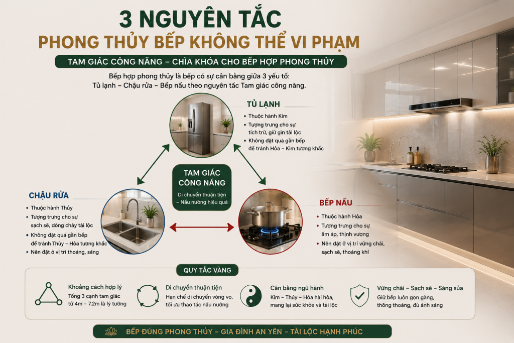 Tam giác công năng trong thiết kế tủ bếp phong thủy