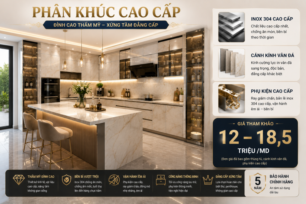 Tủ bếp inox cánh kính vân đá cao cấp cho biệt thự