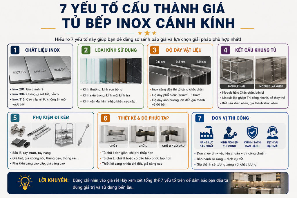 Các yếu tố ảnh hưởng đến giá tủ bếp inox cánh kính