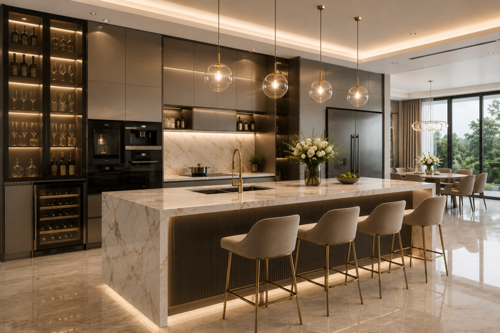 Đảo bếp đa năng trong thiết kế tủ bếp biệt thự cao cấp