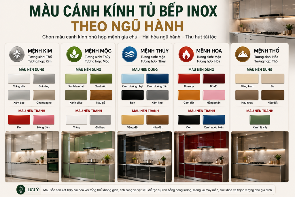Màu cánh kính tủ bếp inox theo phong thủy ngũ hành