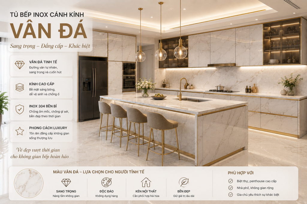 Tủ bếp màu vân đá sang trọng phong cách luxury
