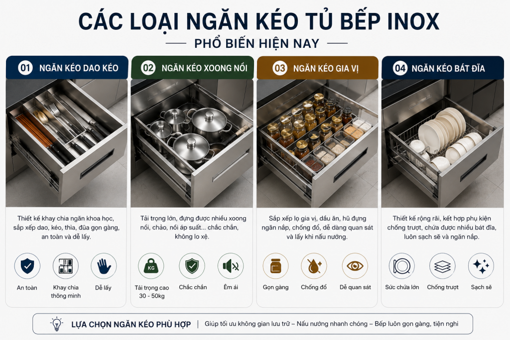 Các loại ngăn kéo tủ bếp inox phổ biến hiện nay