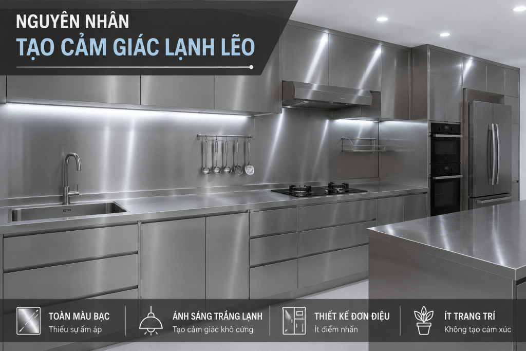 Mẫu bếp inox đơn điệu tạo cảm giác công nghiệp