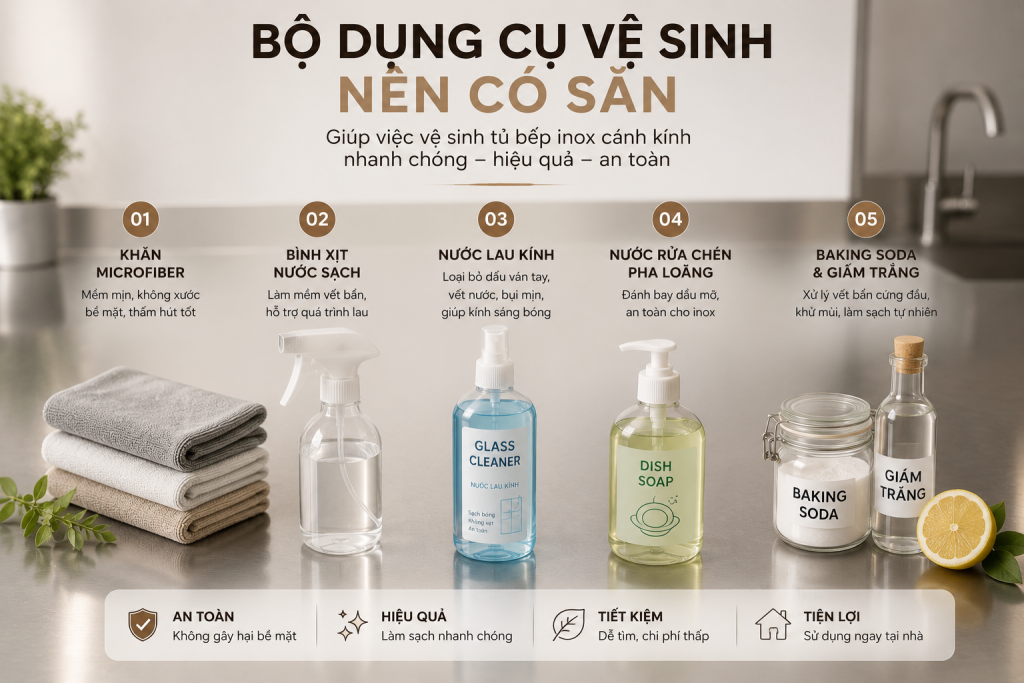 Bộ dụng cụ vệ sinh tủ bếp inox tại nhà