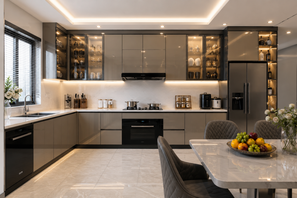 Không gian bếp sử dụng tủ bếp inox cánh kính
