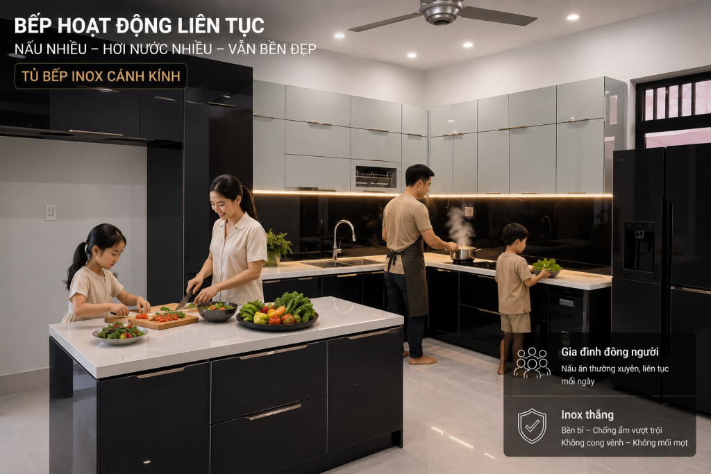 Tủ bếp inox phù hợp gia đình đông người nấu ăn thường xuyên