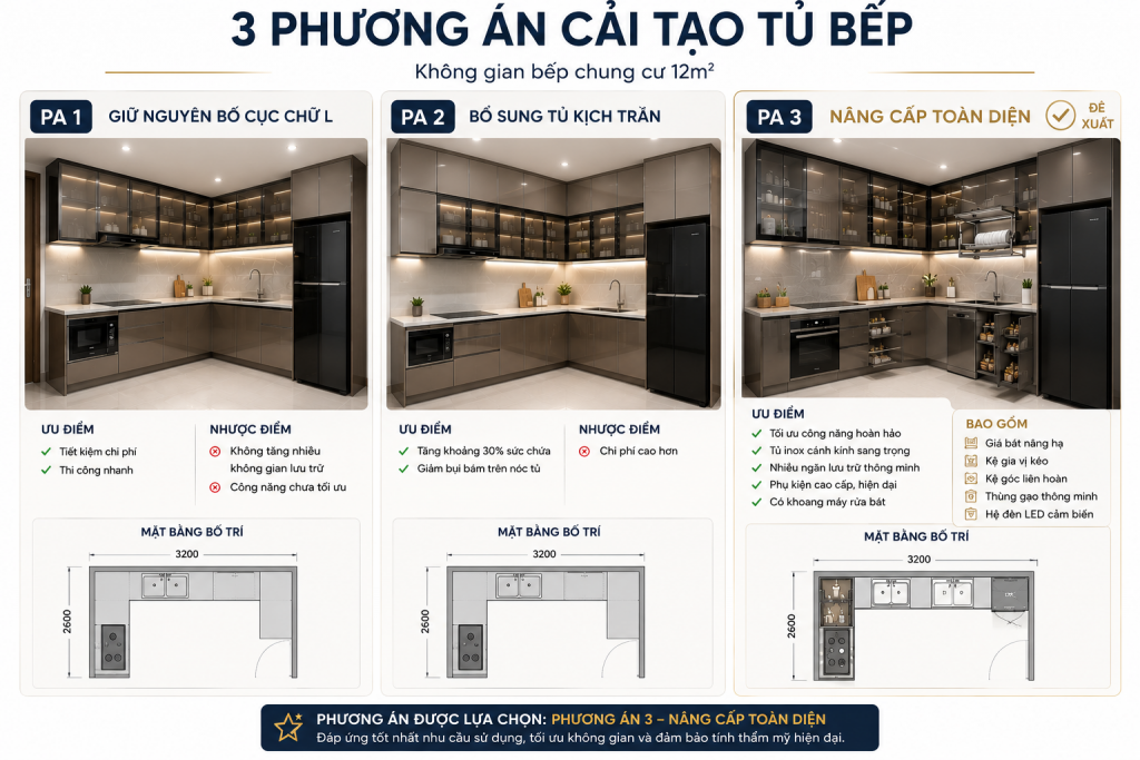 Bản vẽ 3D các phương án cải tạo tủ bếp chung cư