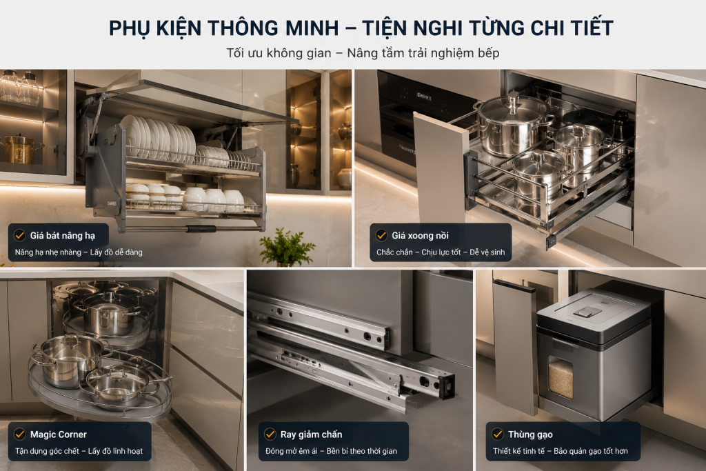 Phụ kiện thông minh cho tủ bếp inox