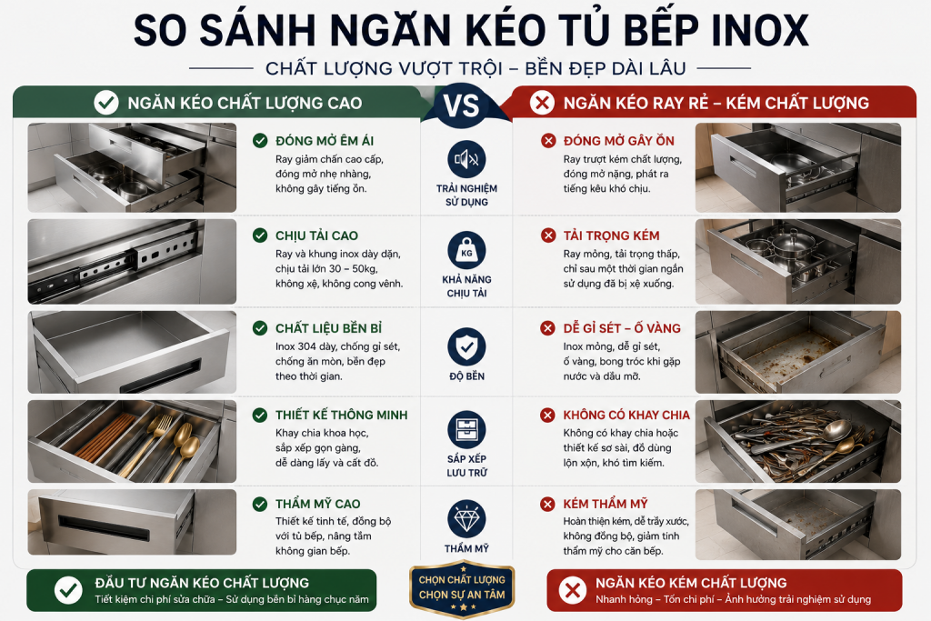 So sánh ngăn kéo tủ bếp inox chất lượng và ngăn kéo kém chất lượng