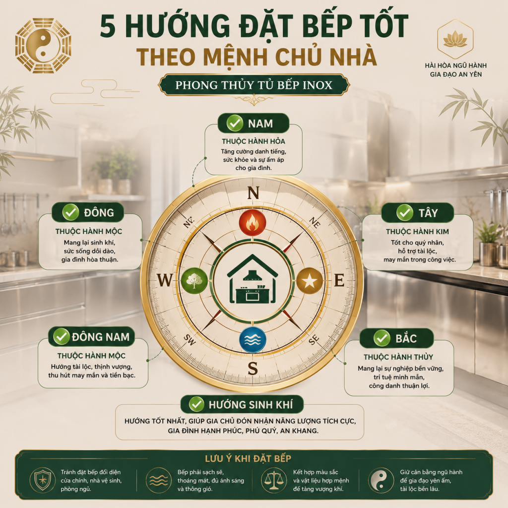 Các hướng đặt bếp tốt theo phong thủy