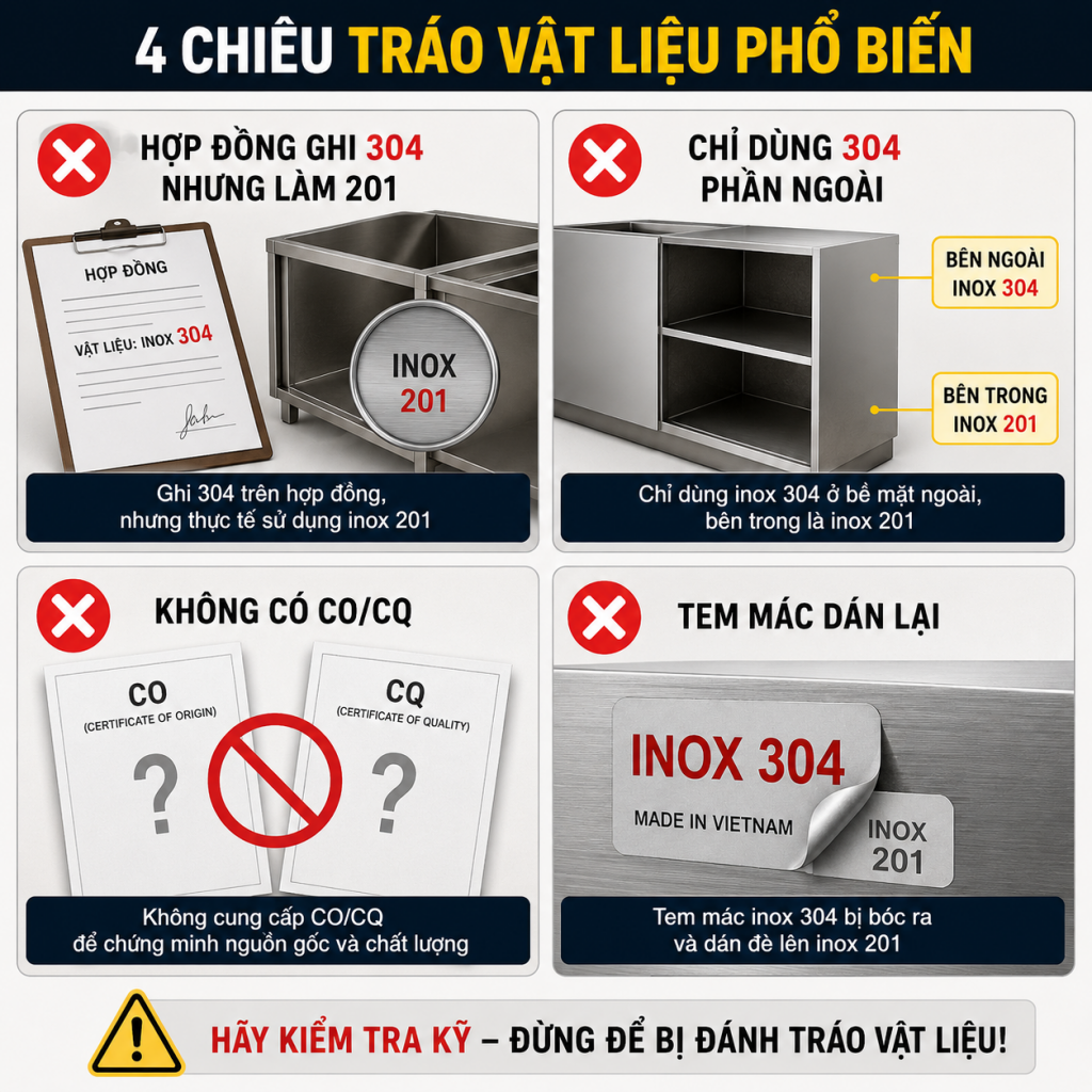 Các chiêu tráo vật liệu inox thường gặp khi làm tủ bếp