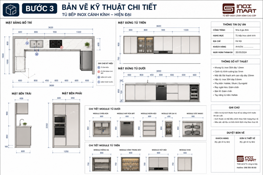 Bản vẽ kỹ thuật chi tiết tủ bếp inox cánh kính