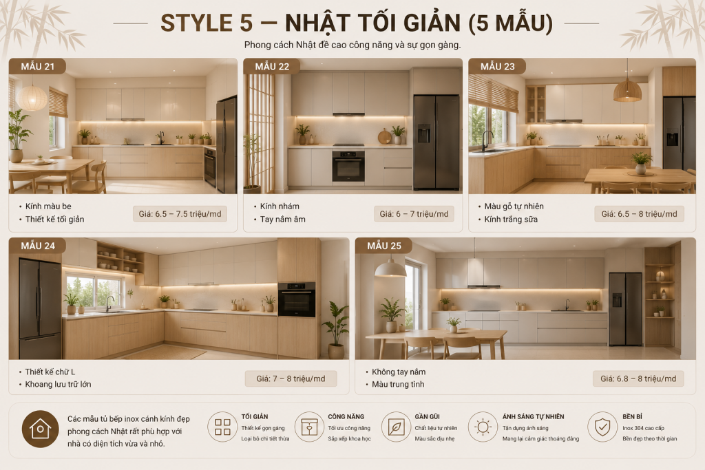 Mẫu tủ bếp inox cánh kính đẹp phong cách Nhật tối giản năm 2026