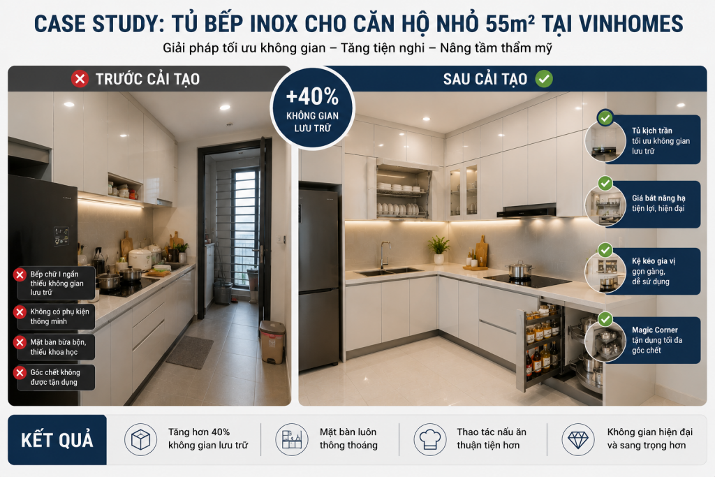 Cải tạo tủ bếp inox cho căn hộ nhỏ 55m2 tại Vinhomes trước và sau thi công