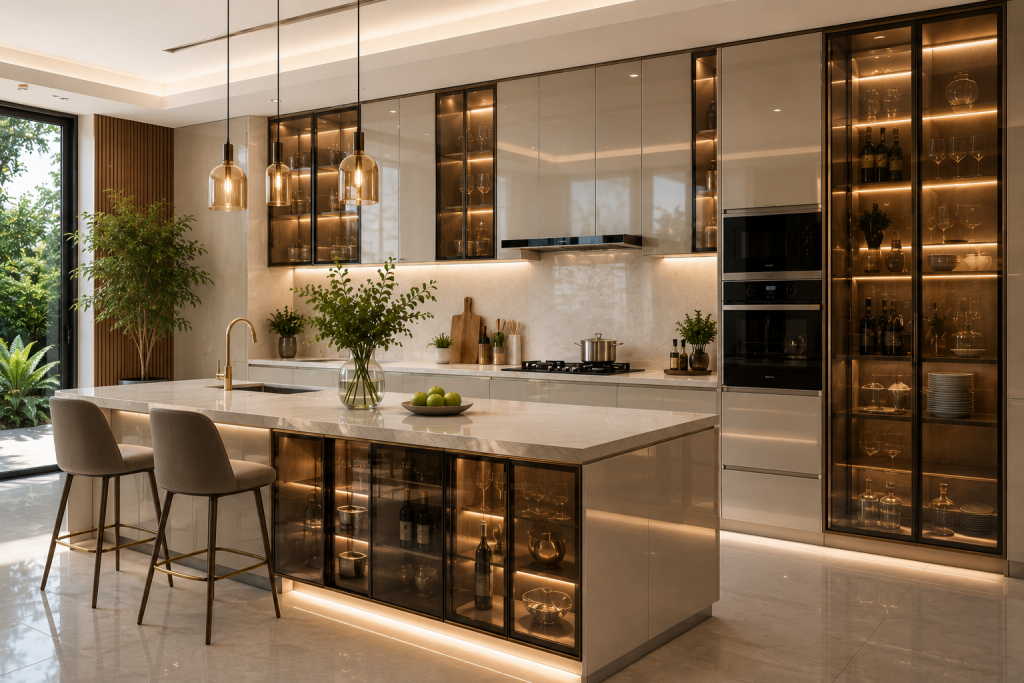 Cây xanh giúp không gian bếp inox mềm mại hơn