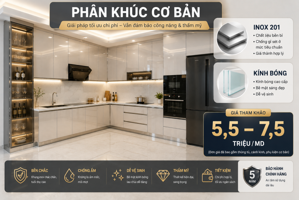 Tủ bếp inox cánh kính inox 201 phân khúc cơ bản