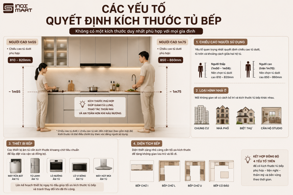 Các yếu tố quyết định kích thước tủ bếp
