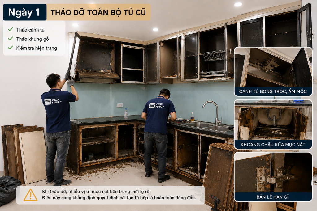 Tháo dỡ tủ bếp cũ trước khi cải tạo