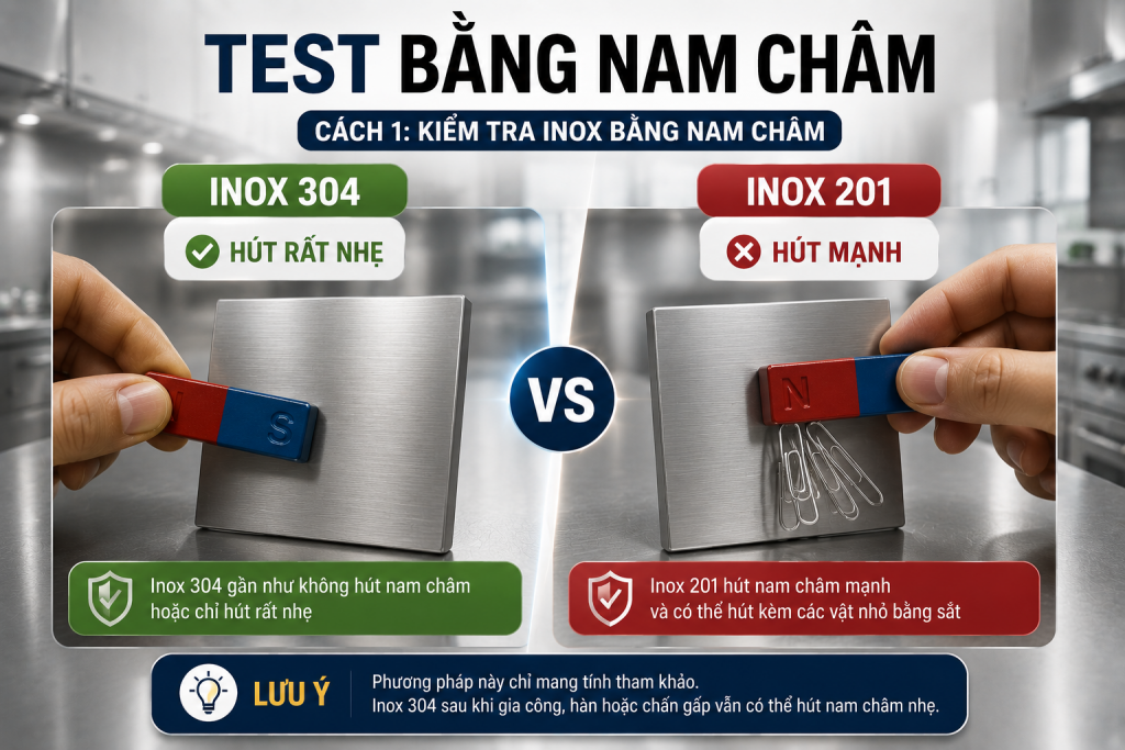Test inox bằng nam châm để phân biệt inox 304 và 201