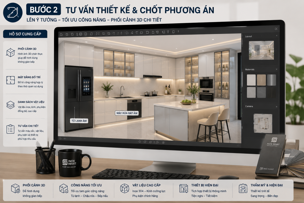 Phối cảnh 3D tủ bếp inox cánh kính trước khi sản xuất
