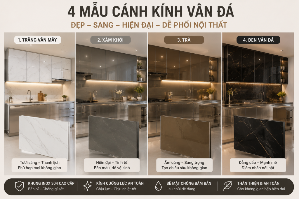 Các mẫu kính vân đá giúp bếp inox sang trọng hơn